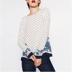 Zara Paisley & Geometric Polkadot Long Sleeve White & Blue Pattern Blouse Medium